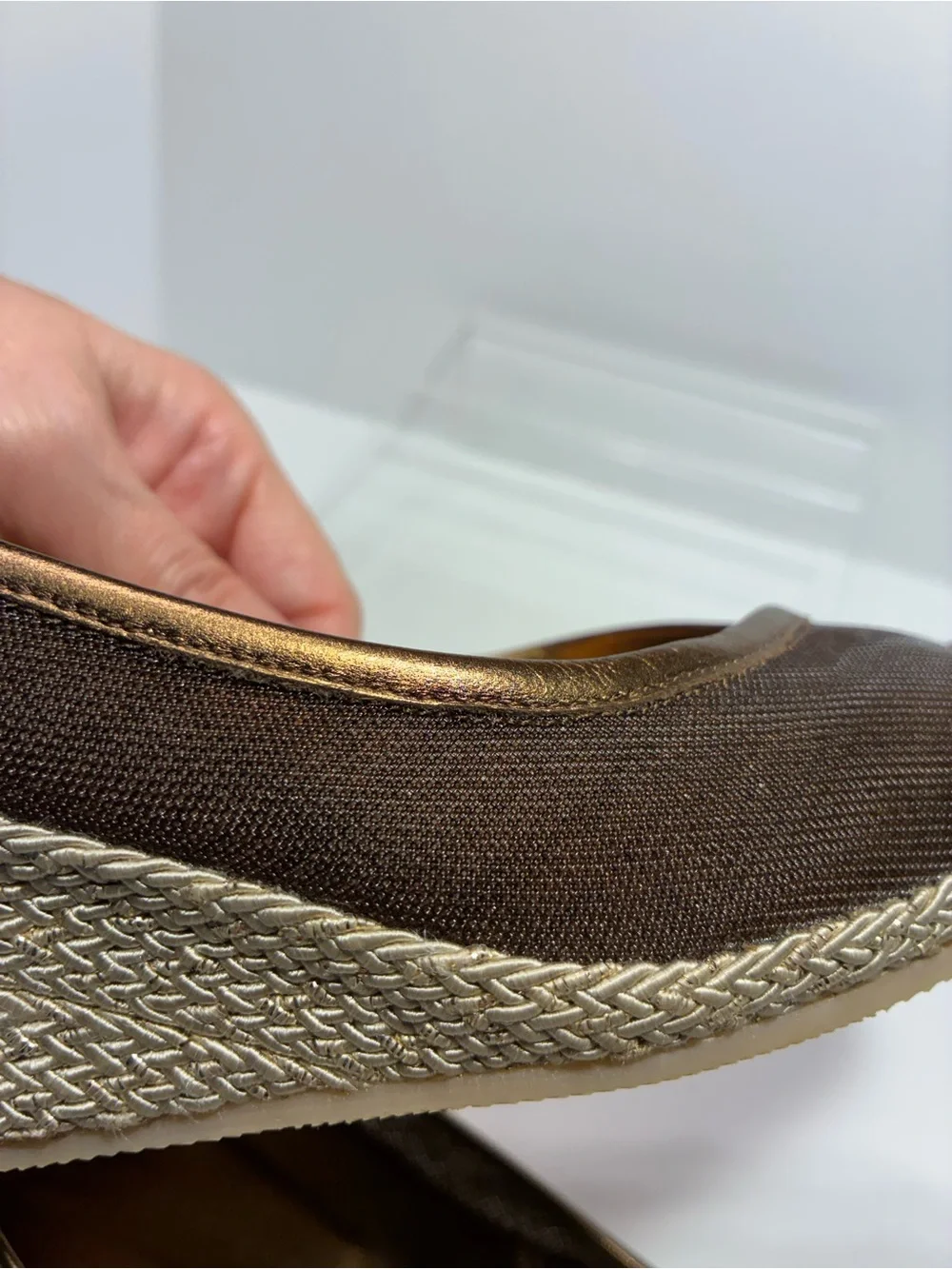 Sesto Meucci ITALY MADE Bronze Brown Peep Toe Espadrille Wedges Size 8.5